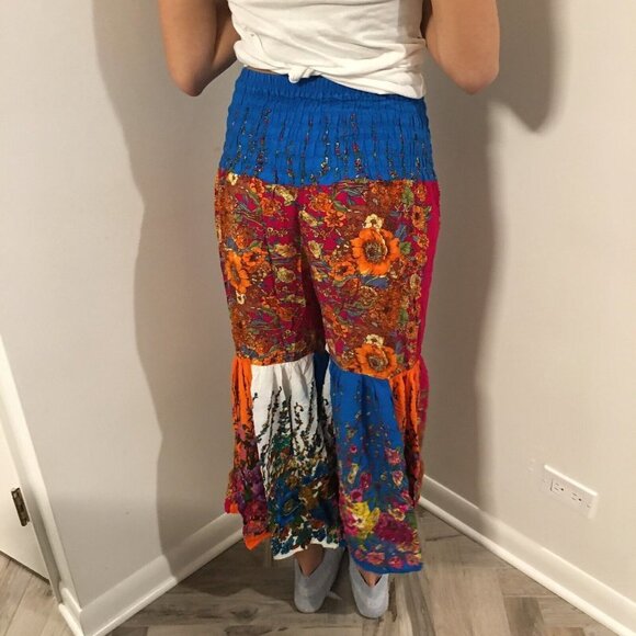 KATHMANDU IMPORTS Boho Flared Patchwork Floral Smocked Crop Pants Small/Medium - Picture 3 of 6